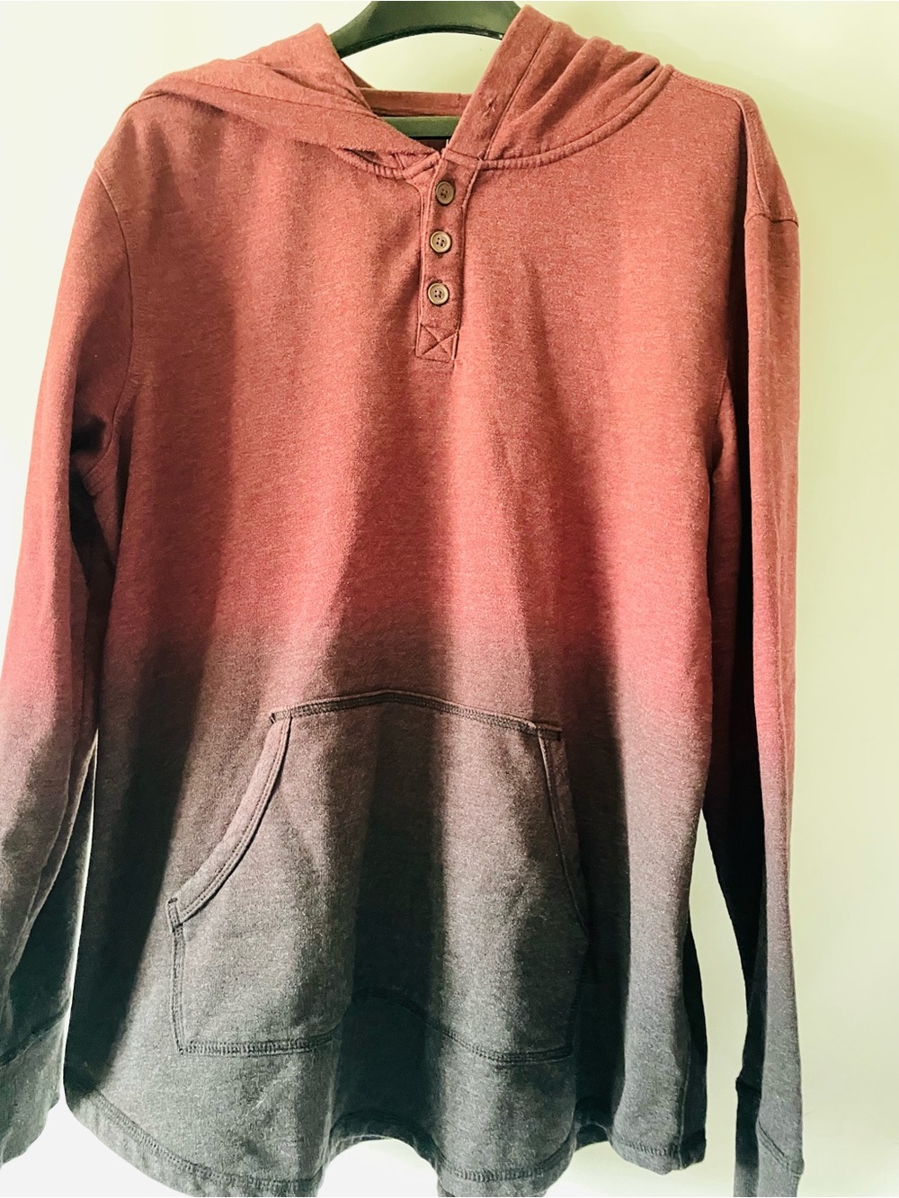George Men's Hooded Henley Sweatshirt in Burgundy to Charcoal Ombre XL